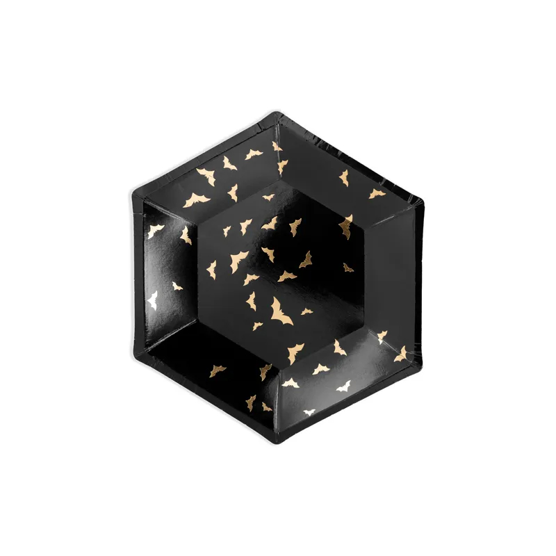 Πιάτα χάρτινα trick or treat μαύρα με χρυσές νυχτερίδες 20cm 6τεμ PartyDeco