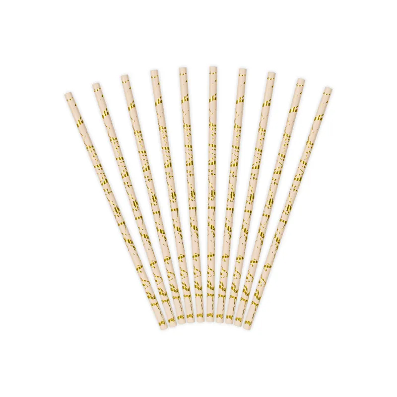 Καλαμάκια χάρτινα ροζ πούδρα με χρυσό σχέδιο 10τεμ 19,5cm PartyDeco