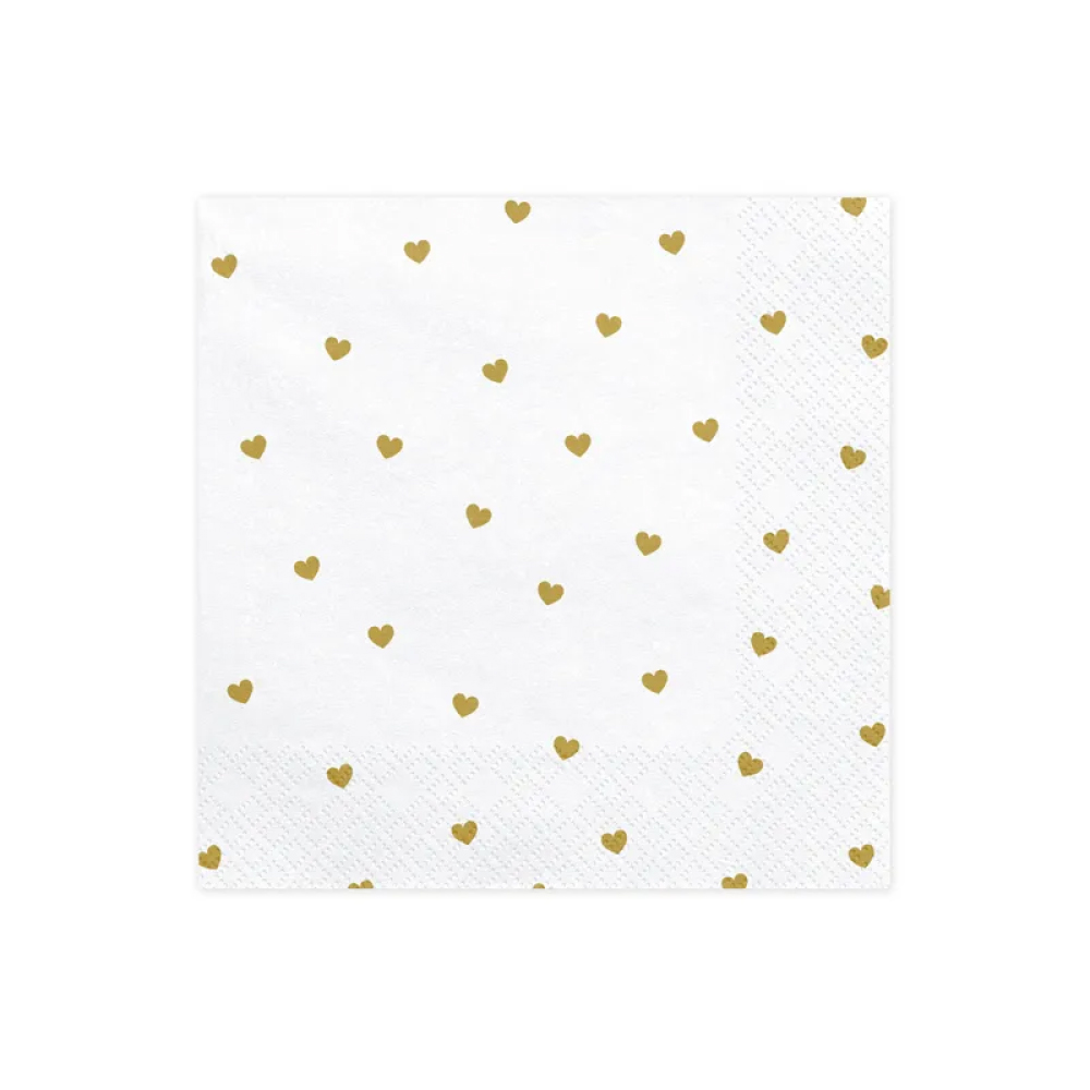 Χαρτοπετσέτες λευκές με χρυσές καρδούλες 33cm 20τεμ PartyDeco