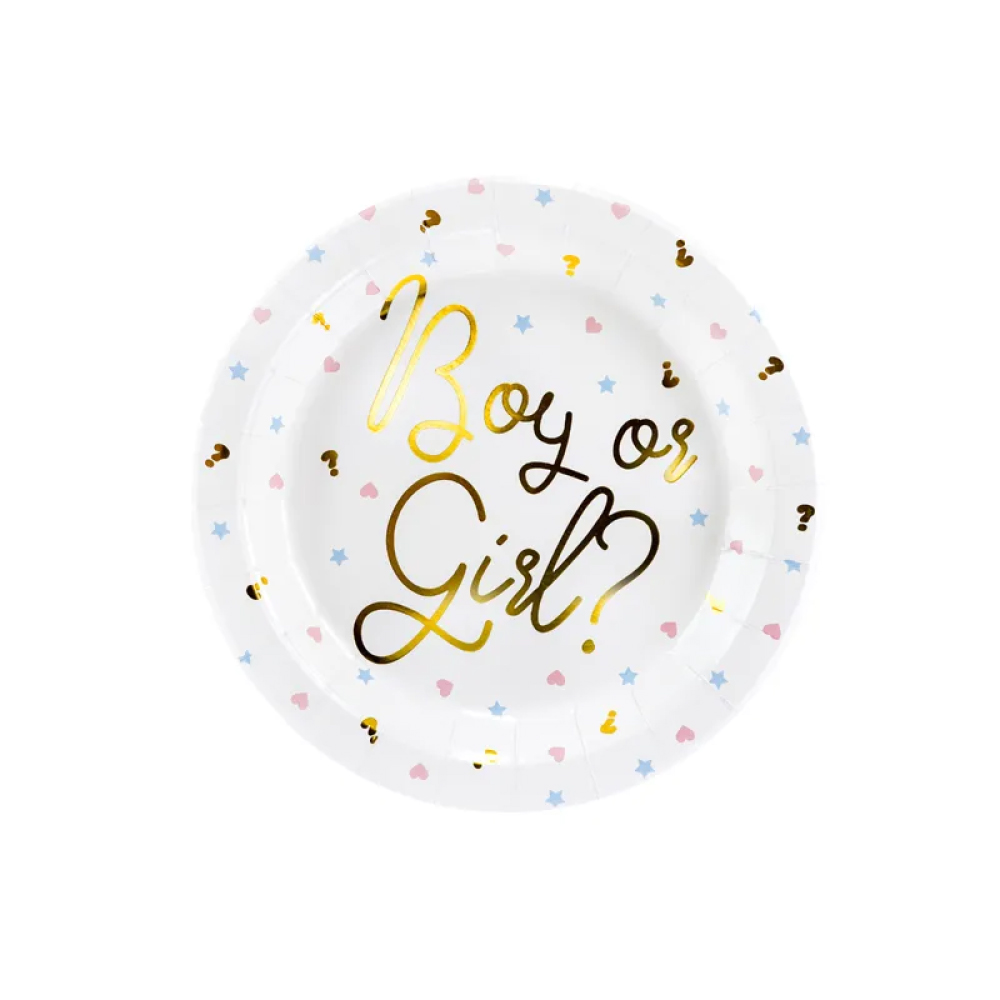 Πιάτα χάρτινα λευκά με χρυσό boy or girl 23cm 6τεμ PartyDeco