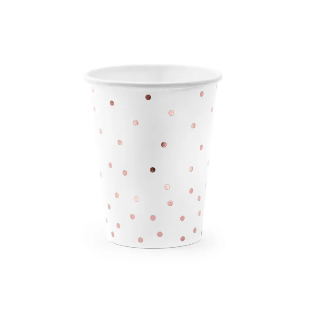 Ποτηράκια χάρτινα λευκά ροζ- χρυσό πουά 260ml 6τεμ PartyDeco