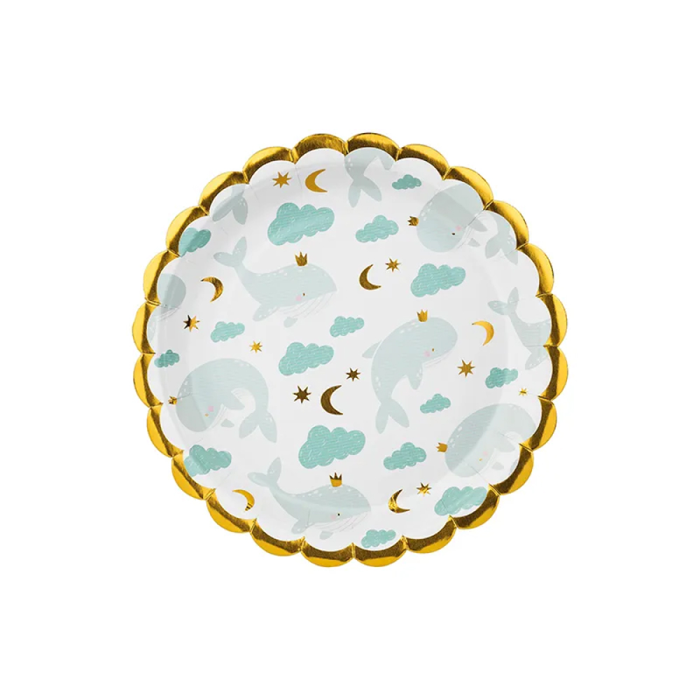 Πιάτα χάρτινα με φαλαινάκια και σύννεφα και χρυσό περίγραμμα 18cm 6τεμ PartyDeco