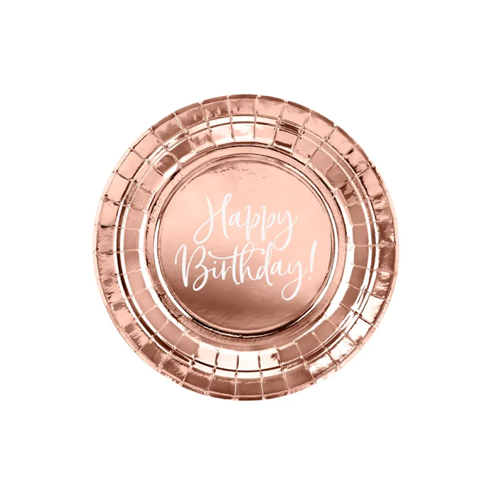 Πιάτα χάρτινα ροζ χρυσό Happy Birthday 18cm 6τεμ PartyDeco