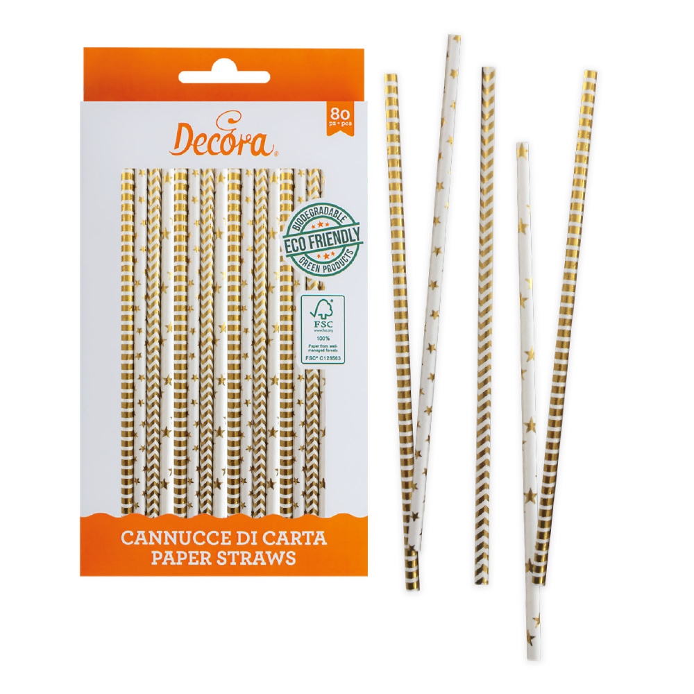 Καλαμάκια χάρτινα χρυσά ριγέ- αστεράκια 80τεμ 21cm Decora
